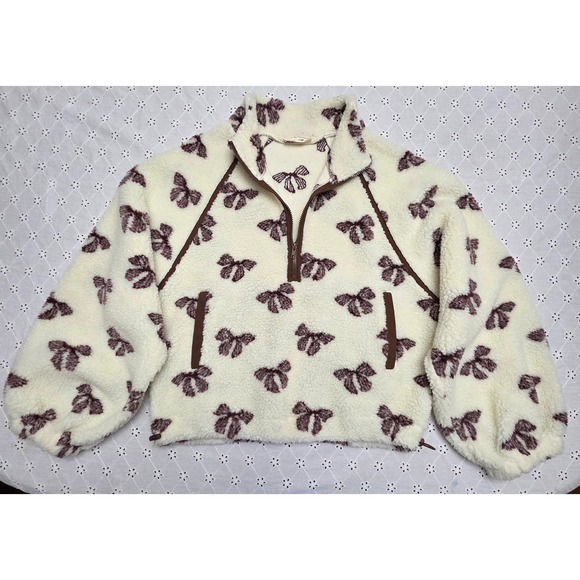 new in Jackets & Blazers - New In Women Medium Bow Print Quarter Zip Fleece Sherpa Pullover Cream brown